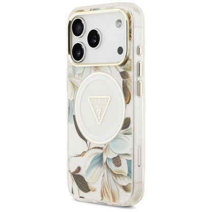 MagSafe-hoes voor Apple iPhone 18 Pro / 17 Pro, Guess, IML Metal Glitter Flowers Triangle, Wit