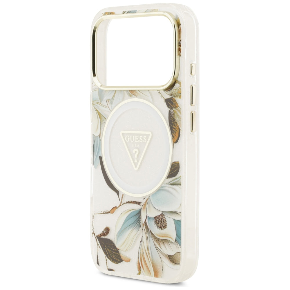 MagSafe-hoes voor Apple iPhone 18 Pro / 17 Pro, Guess, IML Metal Glitter Flowers Triangle, Wit