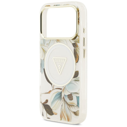 MagSafe-hoes voor Apple iPhone 18 Pro / 17 Pro, Guess, IML Metal Glitter Flowers Triangle, Wit