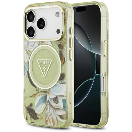 MagSafe-Hülle für Apple iPhone 18 Pro / 17 Pro, Guess, IML Metal Glitter Flowers Triangle, Grün