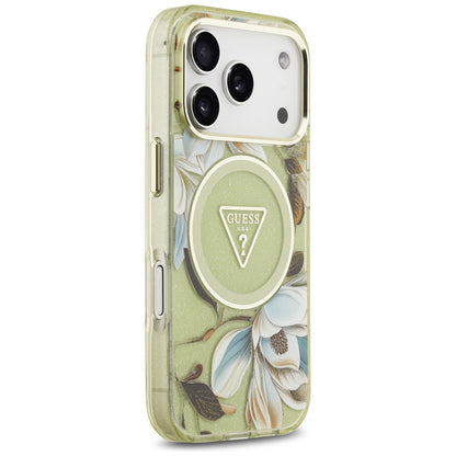 Coque MagSafe pour Apple iPhone 18 Pro / 17 Pro, Guess, IML Metal Glitter Flowers Triangle, Vert