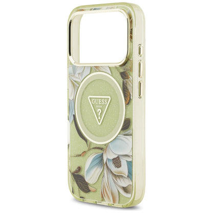 Coque MagSafe pour Apple iPhone 18 Pro / 17 Pro, Guess, IML Metal Glitter Flowers Triangle, Vert