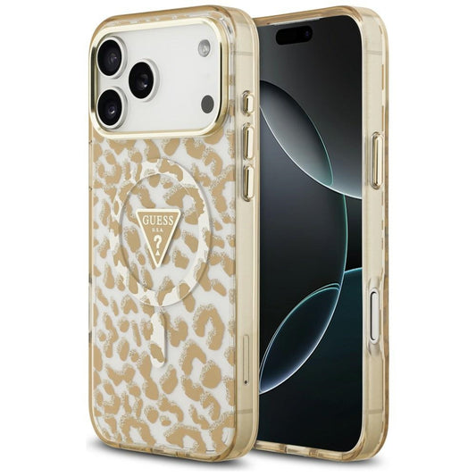 MagSafe-hoes voor Apple iPhone 18 Pro / 17 Pro, Guess, Leopard Glitter Driehoek Logo, Bruin