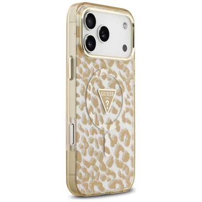 Coque MagSafe pour Apple iPhone 18 Pro / 17 Pro, Guess, Logo Triangle Paillettes Léopard, Marron