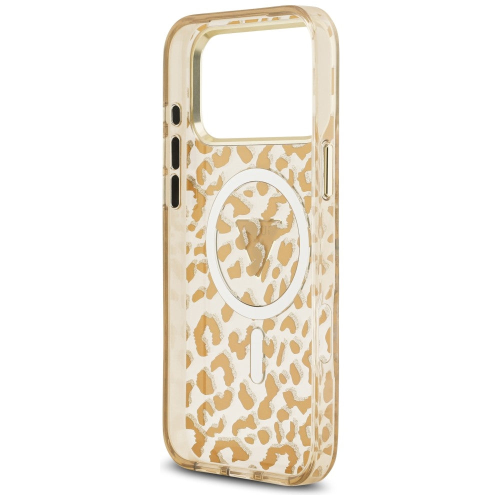 Coque MagSafe pour Apple iPhone 18 Pro / 17 Pro, Guess, Logo Triangle Paillettes Léopard, Marron