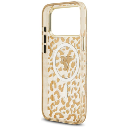 Coque MagSafe pour Apple iPhone 18 Pro / 17 Pro, Guess, Logo Triangle Paillettes Léopard, Marron