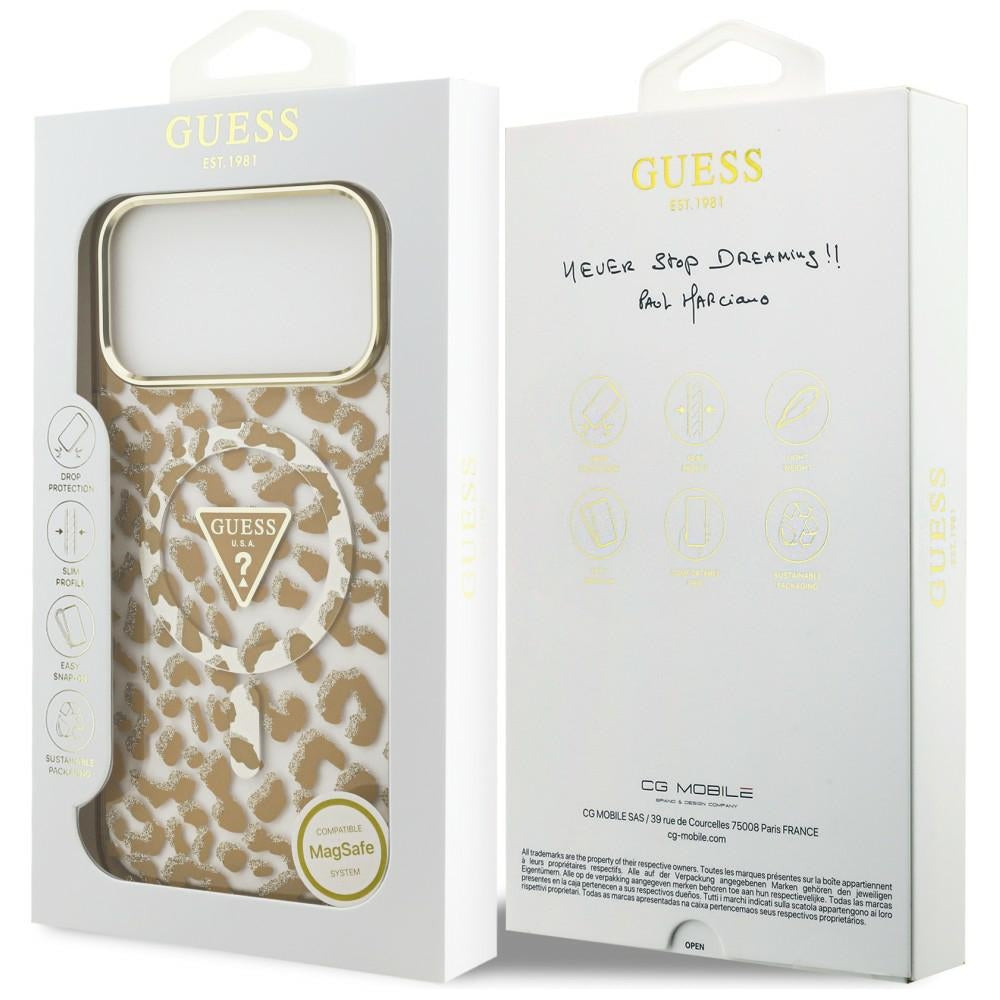 Coque MagSafe pour Apple iPhone 18 Pro / 17 Pro, Guess, Logo Triangle Paillettes Léopard, Marron