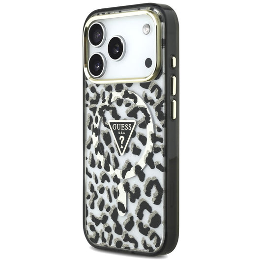 Coque MagSafe pour Apple iPhone 18 Pro / 17 Pro, Guess, Logo Triangle Paillettes Léopard, Noire