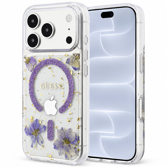 MagSafe-Hülle für Apple iPhone 18 Pro / 17 Pro, Guess, Harzblumen und Glitzer, Lila