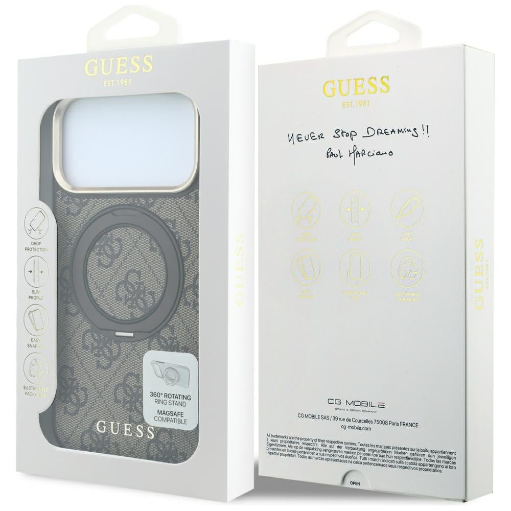 MagSafe-Hülle für Apple iPhone 18 Pro / 17 Pro, Guess, Ring Stand 360 4G Classic Logo, Braun
