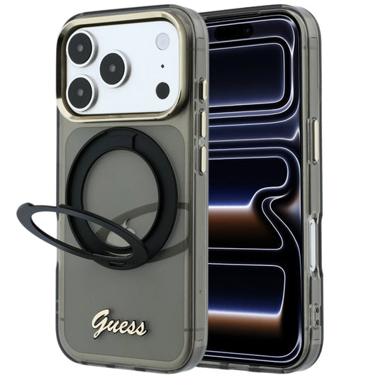 MagSafe-hoes voor Apple iPhone 18 Pro / 17 Pro, Guess, Ring Stand Script Metaallogo, Zwart