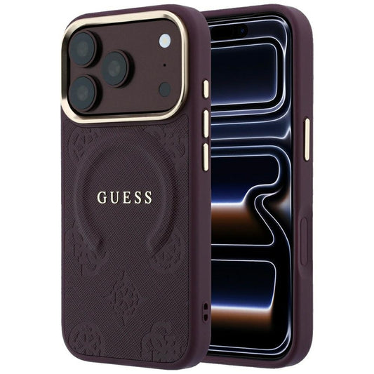 MagSafe-hoesje voor Apple iPhone 18 Pro / 17 Pro, Guess, Saffiano Peony Ring, Bordeaux