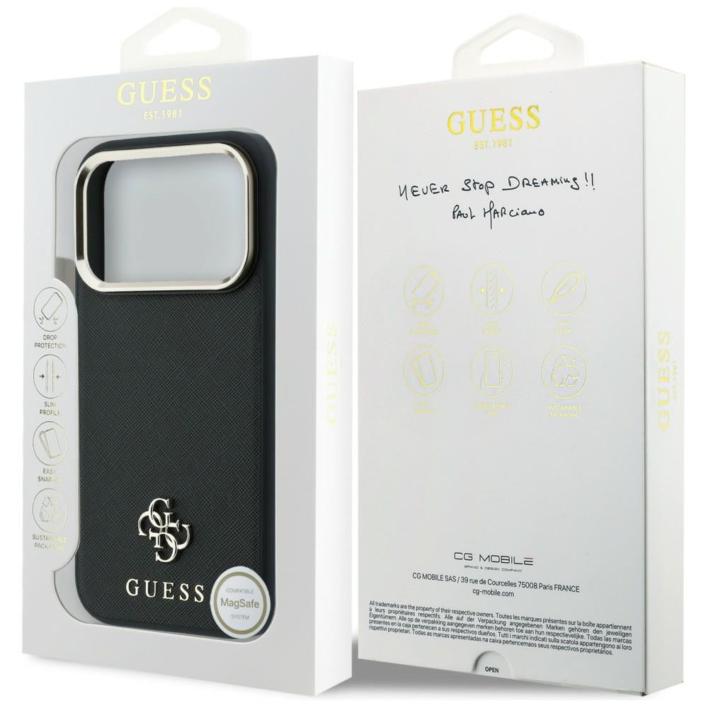 MagSafe-Hülle für Apple iPhone 18 Pro / 17 Pro, Guess, Saffiano Small 4G Classic, Schwarz