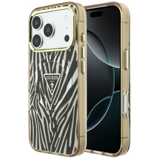 MagSafe-hoesje voor Apple iPhone 18 Pro / 17 Pro, Guess, Zebra Glitter Driehoek Logo, Goud