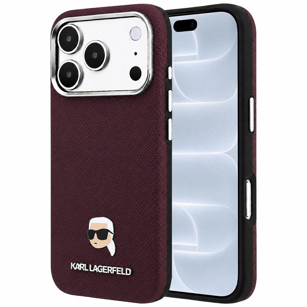 Coque MagSafe pour Apple iPhone 18 Pro / 17 Pro, Karl Lagerfeld, Métal Grainé Tête de Karl, Bordeaux