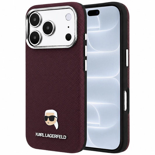 Coque MagSafe pour Apple iPhone 18 Pro / 17 Pro, Karl Lagerfeld, Métal Grainé Tête de Karl, Bordeaux
