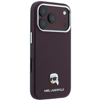 Coque MagSafe pour Apple iPhone 18 Pro / 17 Pro, Karl Lagerfeld, Métal Grainé Tête de Karl, Bordeaux