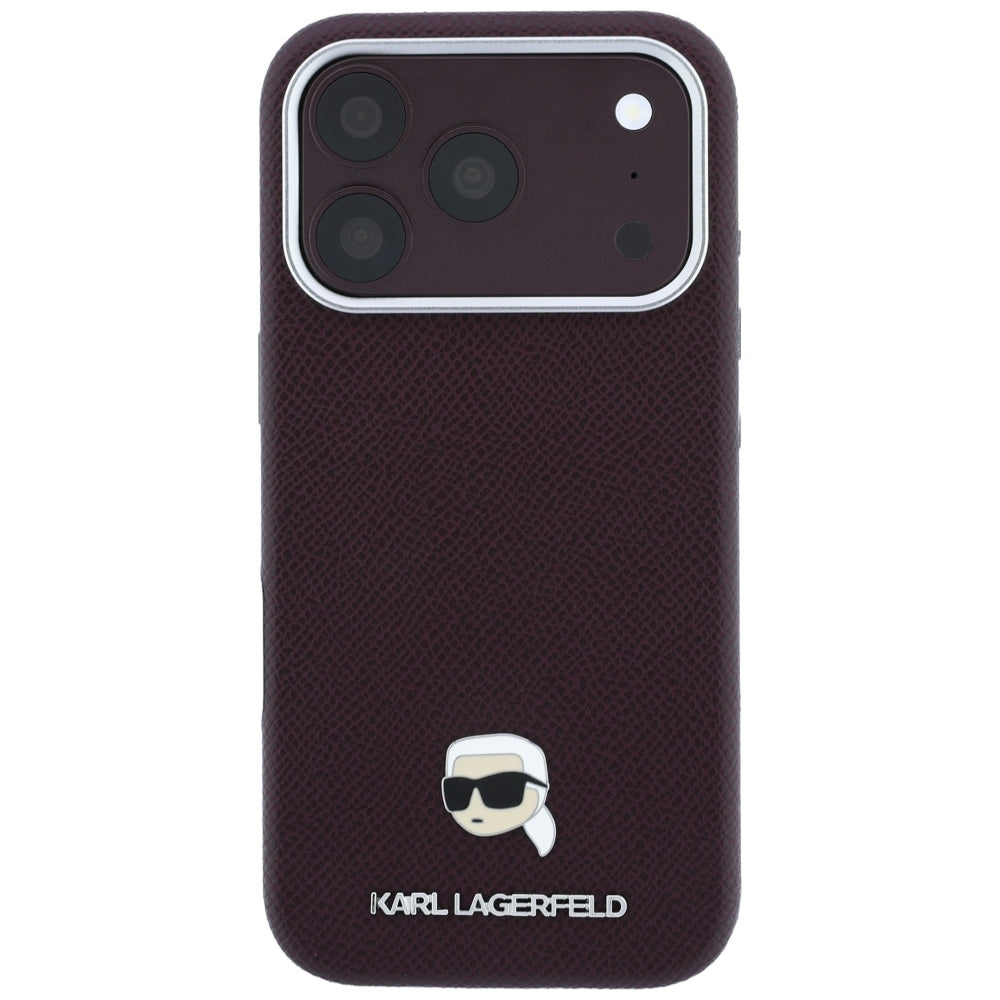 Coque MagSafe pour Apple iPhone 18 Pro / 17 Pro, Karl Lagerfeld, Métal Grainé Tête de Karl, Bordeaux