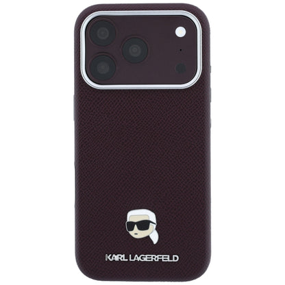Coque MagSafe pour Apple iPhone 18 Pro / 17 Pro, Karl Lagerfeld, Métal Grainé Tête de Karl, Bordeaux