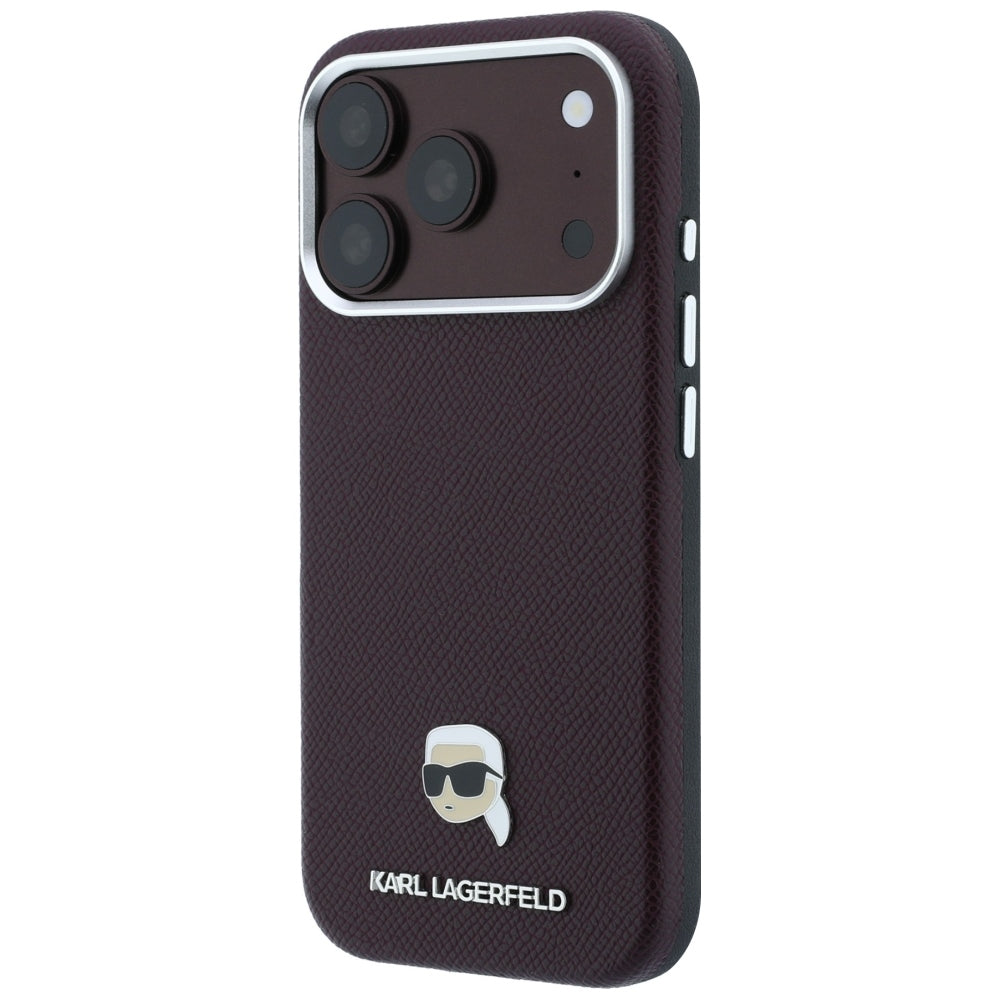 Coque MagSafe pour Apple iPhone 18 Pro / 17 Pro, Karl Lagerfeld, Métal Grainé Tête de Karl, Bordeaux