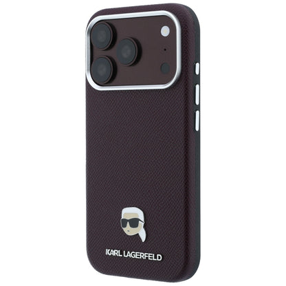 Coque MagSafe pour Apple iPhone 18 Pro / 17 Pro, Karl Lagerfeld, Métal Grainé Tête de Karl, Bordeaux