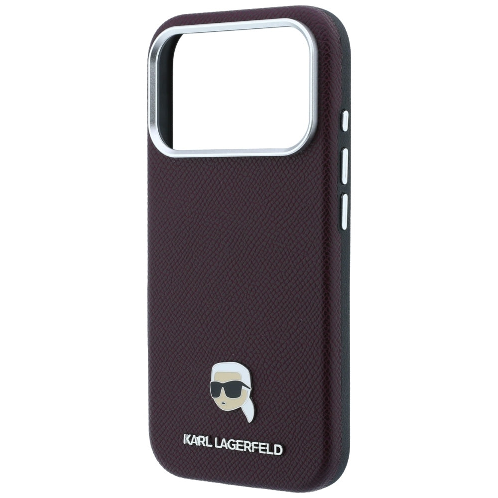 Coque MagSafe pour Apple iPhone 18 Pro / 17 Pro, Karl Lagerfeld, Métal Grainé Tête de Karl, Bordeaux