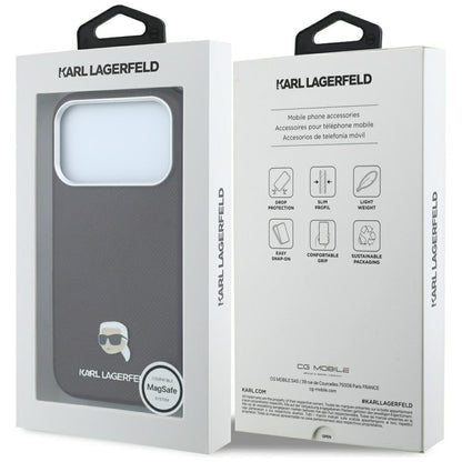 Coque MagSafe pour Apple iPhone 18 Pro / 17 Pro, Karl Lagerfeld, Métal Grainé Tête de Karl, Bordeaux