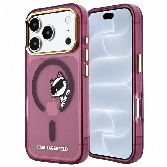 Coque MagSafe pour Apple iPhone 18 Pro / 17 Pro, Karl Lagerfeld, IML Peekaboo Print and Metal Frame, bordeaux