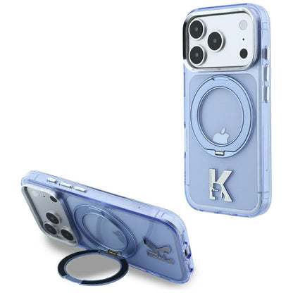 Coque MagSafe pour Apple iPhone 18 Pro / 17 Pro, Karl Lagerfeld, Support Anneau IML Kameo Metal, Bleue