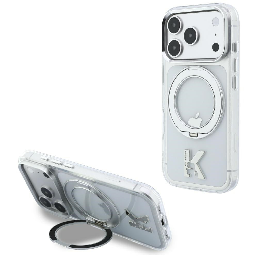 MagSafe Case for Apple iPhone 18 Pro / 17 Pro, Karl Lagerfeld, IML Ring Stand Kameo Metal, Transparent
