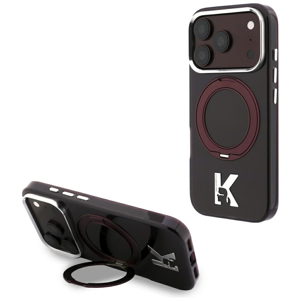 Coque MagSafe pour Apple iPhone 18 Pro / 17 Pro, Karl Lagerfeld, Support Anneau IML Kameo Metal, Bordeaux