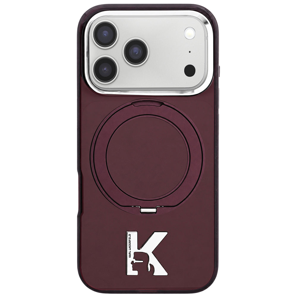 Coque MagSafe pour Apple iPhone 18 Pro / 17 Pro, Karl Lagerfeld, Support Anneau IML Kameo Metal, Bordeaux