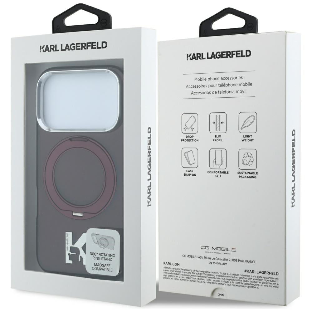 Coque MagSafe pour Apple iPhone 18 Pro / 17 Pro, Karl Lagerfeld, Support Anneau IML Kameo Metal, Bordeaux