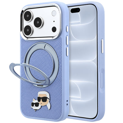 Coque MagSafe pour Apple iPhone 18 Pro / 17 Pro, Karl Lagerfeld, Support Anneau 360 Karl & Broche Choupette, Bleu