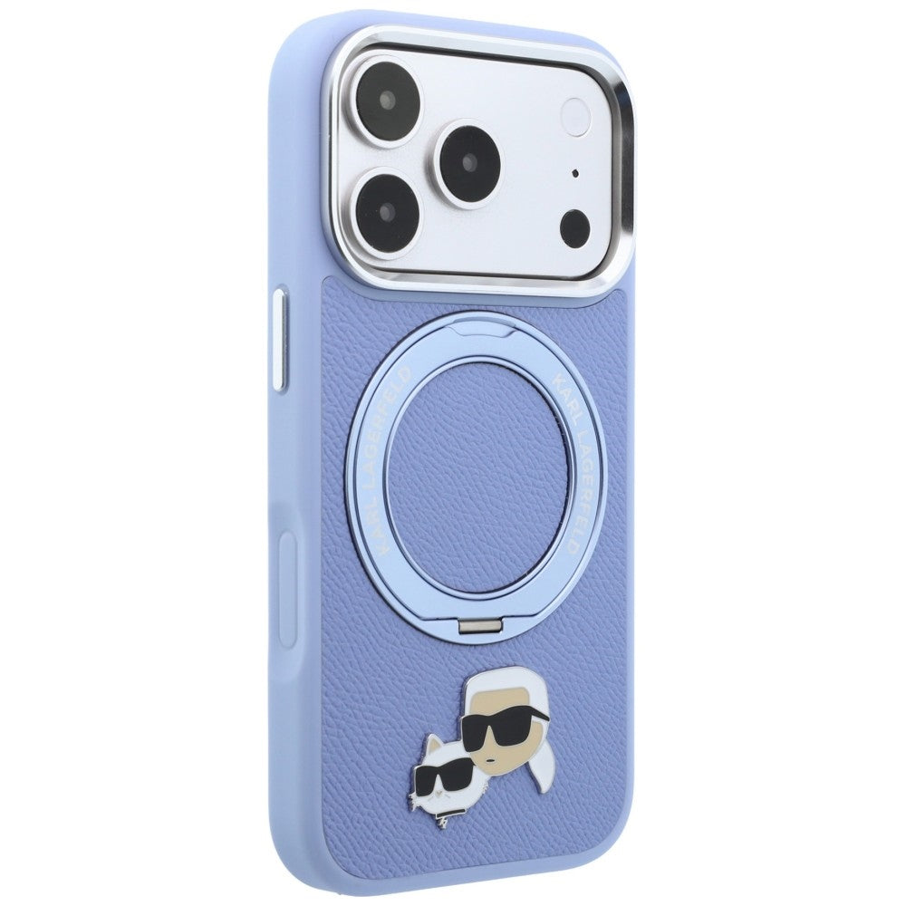 Coque MagSafe pour Apple iPhone 18 Pro / 17 Pro, Karl Lagerfeld, Support Anneau 360 Karl & Broche Choupette, Bleu
