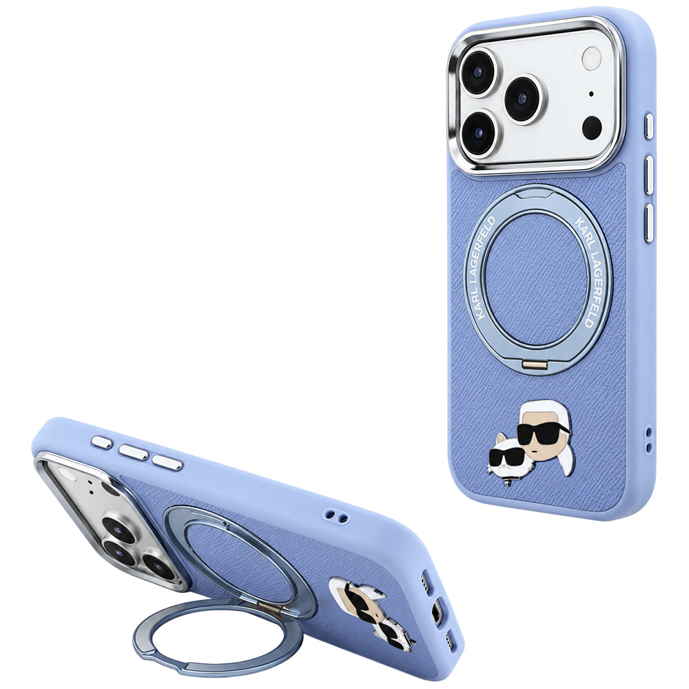 Coque MagSafe pour Apple iPhone 18 Pro / 17 Pro, Karl Lagerfeld, Support Anneau 360 Karl & Broche Choupette, Bleu