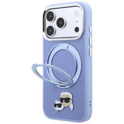 Coque MagSafe pour Apple iPhone 18 Pro / 17 Pro, Karl Lagerfeld, Support Anneau 360 Karl & Broche Choupette, Bleu