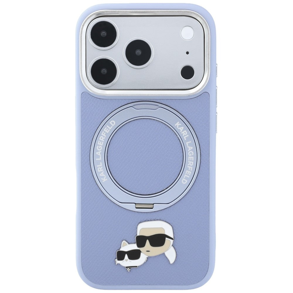 Coque MagSafe pour Apple iPhone 18 Pro / 17 Pro, Karl Lagerfeld, Support Anneau 360 Karl & Broche Choupette, Bleu