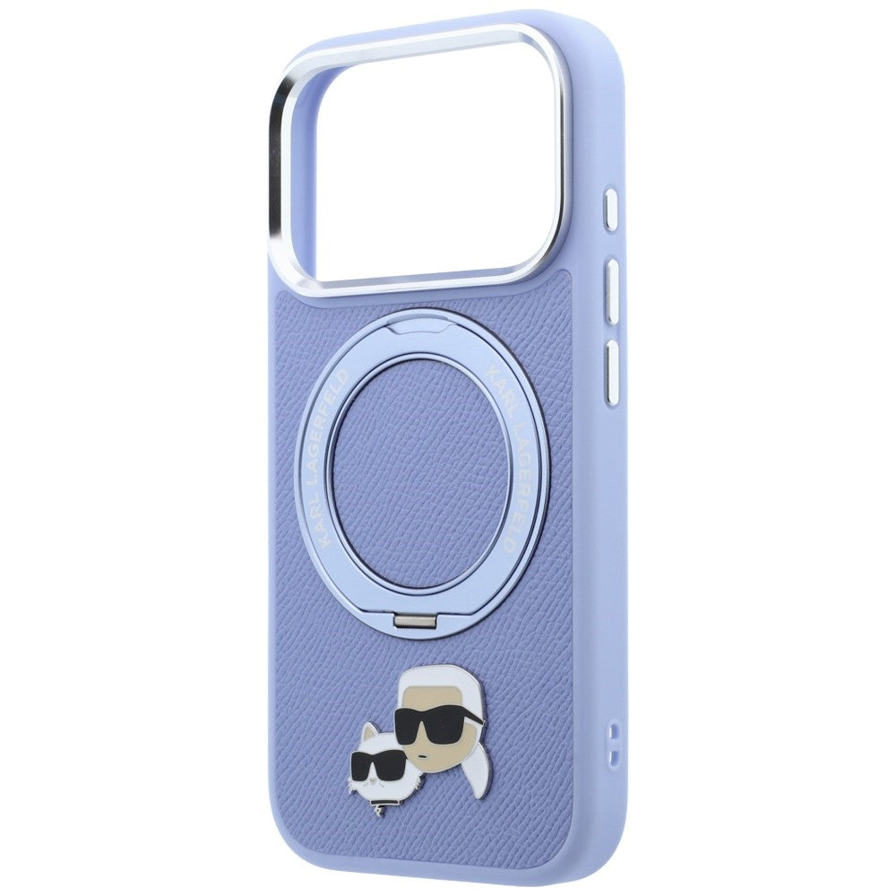 Coque MagSafe pour Apple iPhone 18 Pro / 17 Pro, Karl Lagerfeld, Support Anneau 360 Karl & Broche Choupette, Bleu