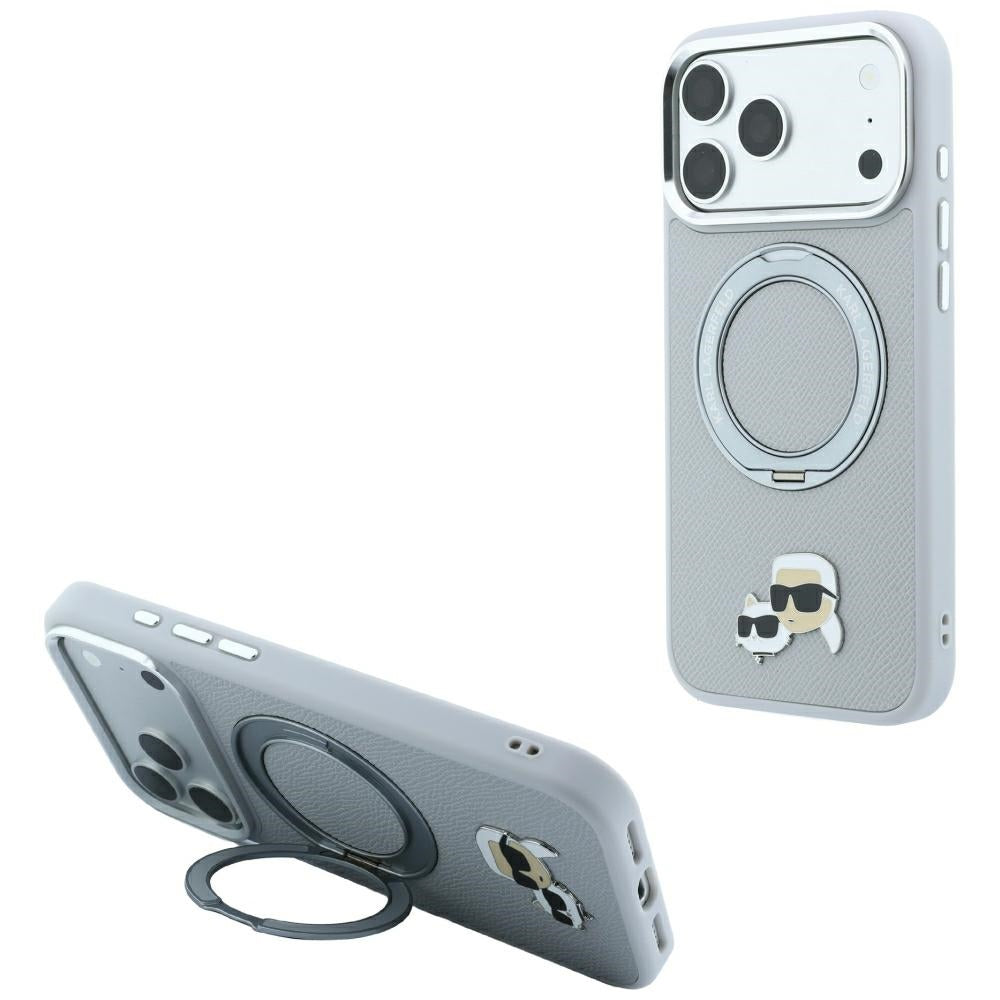 MagSafe-hoesje voor Apple iPhone 18 Pro / 17 Pro, Karl Lagerfeld, Ring Stand 360 Karl & Choupette Pin, grijs