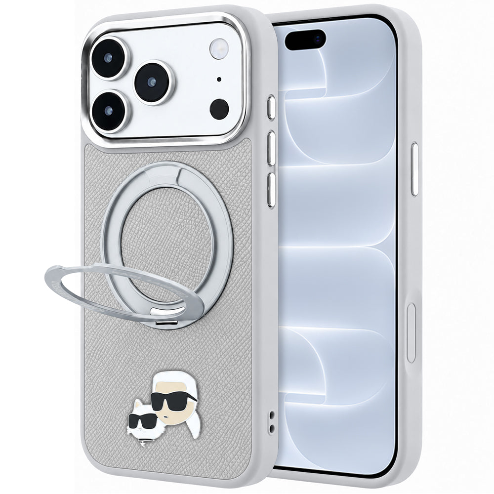 MagSafe-hoesje voor Apple iPhone 18 Pro / 17 Pro, Karl Lagerfeld, Ring Stand 360 Karl & Choupette Pin, grijs