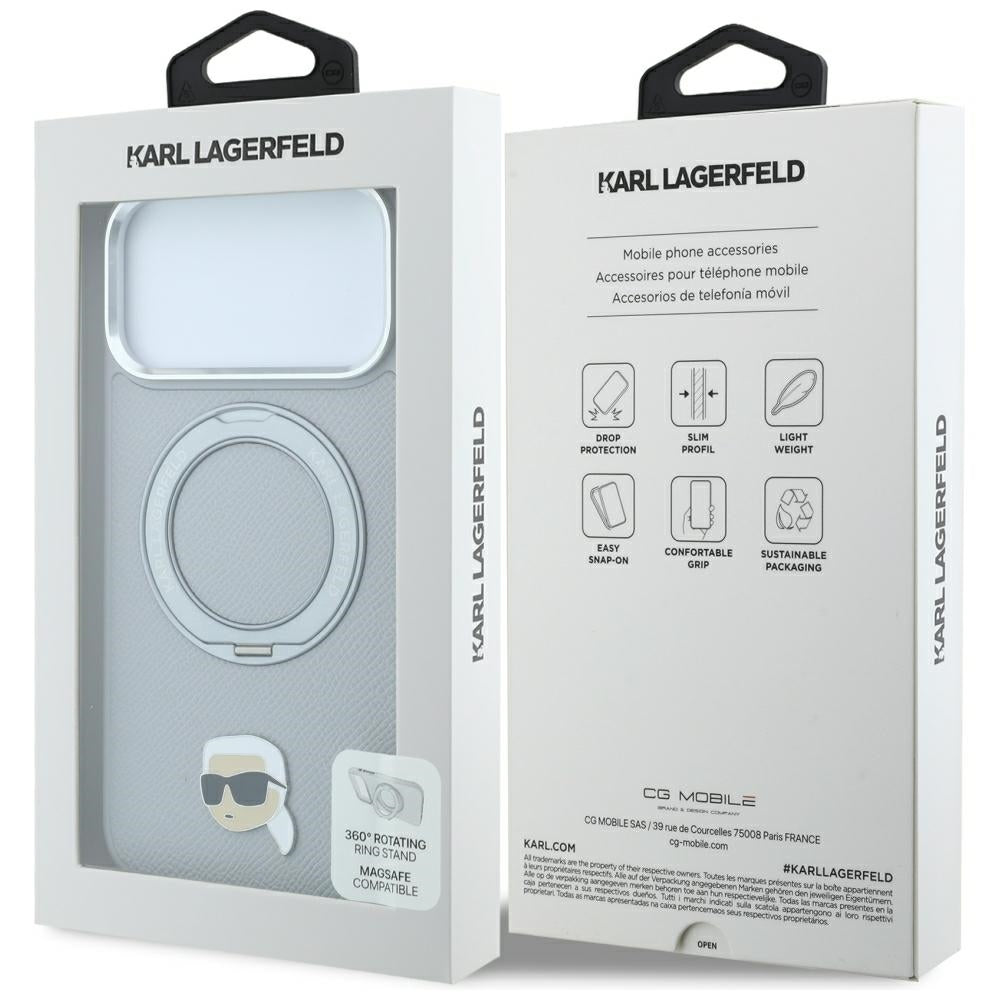 MagSafe-Hülle für Apple iPhone 18 Pro / 17 Pro, Karl Lagerfeld, Ring Stand 360 Karl Pin, Grau