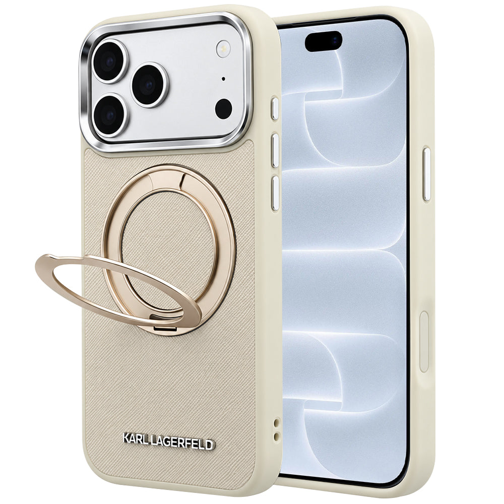 Coque MagSafe pour Apple iPhone 18 Pro / 17 Pro, Karl Lagerfeld, Ring Stand 360 Saffiano, beige
