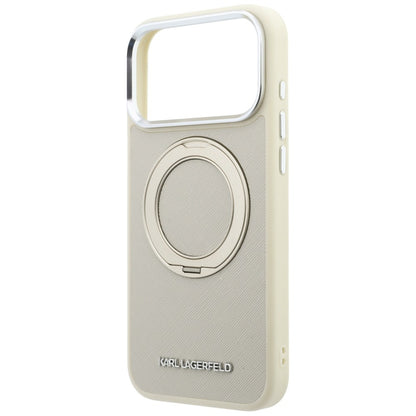 Coque MagSafe pour Apple iPhone 18 Pro / 17 Pro, Karl Lagerfeld, Ring Stand 360 Saffiano, beige