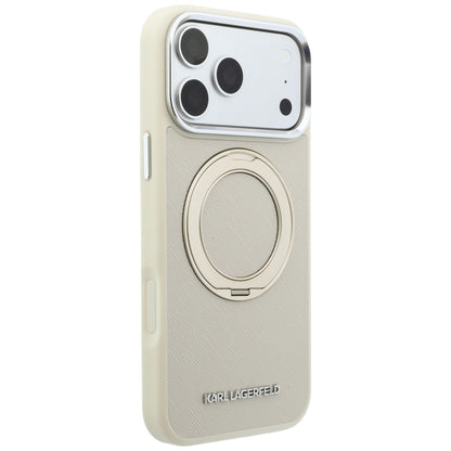 Coque MagSafe pour Apple iPhone 18 Pro / 17 Pro, Karl Lagerfeld, Ring Stand 360 Saffiano, beige