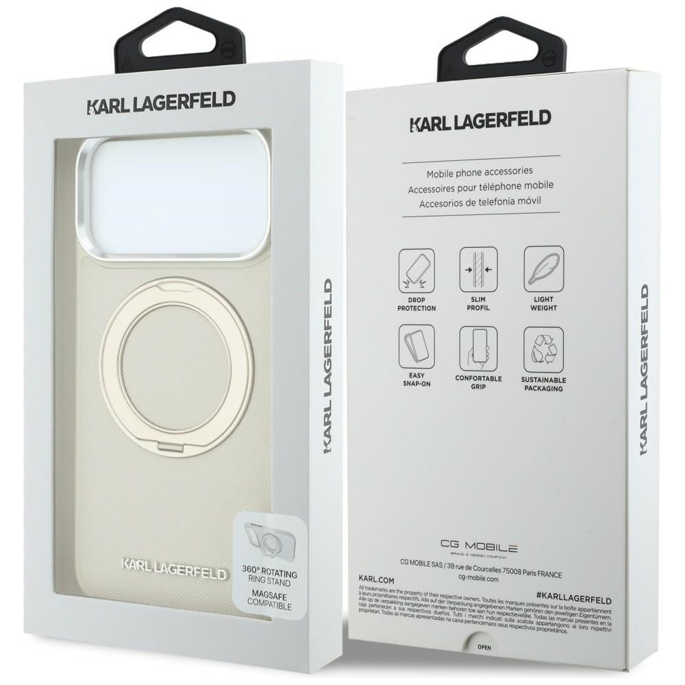 Coque MagSafe pour Apple iPhone 18 Pro / 17 Pro, Karl Lagerfeld, Ring Stand 360 Saffiano, beige