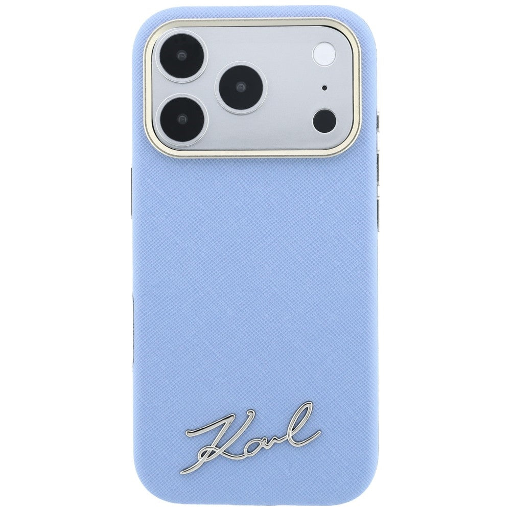 MagSafe-Hülle für Apple iPhone 18 Pro / 17 Pro, Karl Lagerfeld, Saffiano Small Script Metall-Logo, Blau