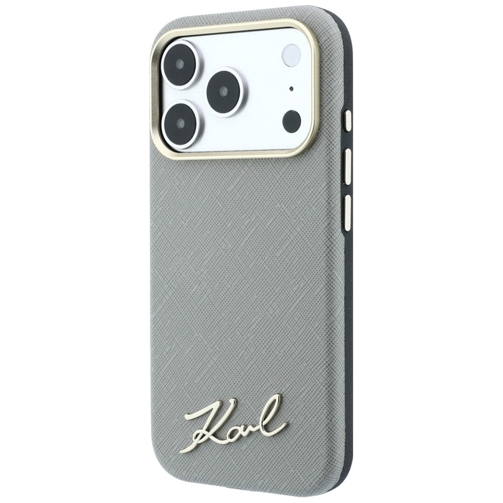 MagSafe-Hülle für Apple iPhone 18 Pro / 17 Pro, Karl Lagerfeld, Saffiano Small Script Metall-Logo, Grau Beige
