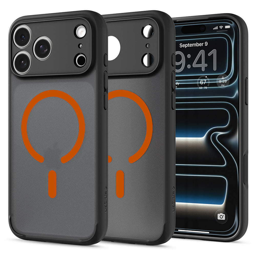 MagSafe-hoes voor Apple iPhone 18 Pro / 17 Pro, Spigen, Ultra Hybrid, Zwart Oranje Satijn ACS12162