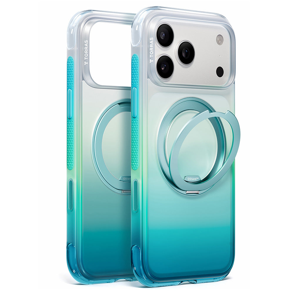 Coque MagSafe pour Apple iPhone 18 Pro / 17 Pro, Torras, Ostand O3 Air Gradient, Vert Bleu